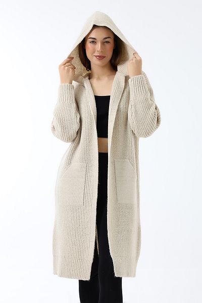 Devinka Cardigan de damă, bej, cu glugă, cu glugă, cu buzunare lungi