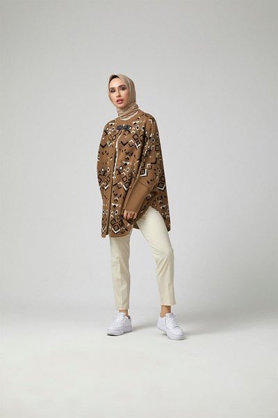 Uludağ Triko Women's Beige Ethnic Knit Poncho