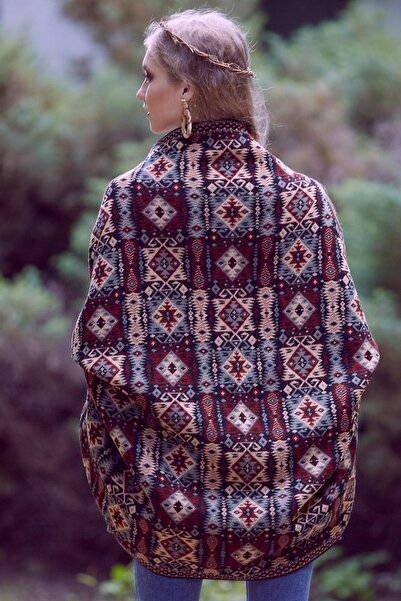 Uludağ Triko Kadın Gümüş Etnik Desenli Kilim Şal