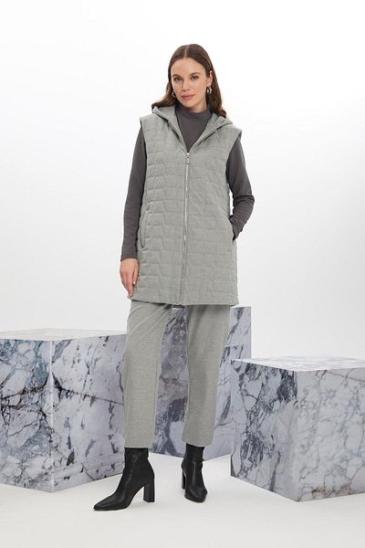 Zühre Hooded Quilted Patterned Gray Vest Blouse Double Set Tk-1347