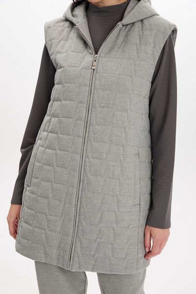 Zühre Hooded Quilted Patterned Gray Vest Blouse Double Set Tk-1347