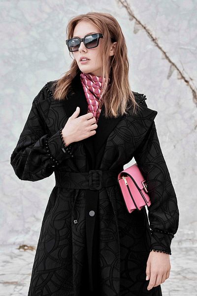 Zühre Black Cap - Embossed Pattern, Belt and Sleeve Detail 13605