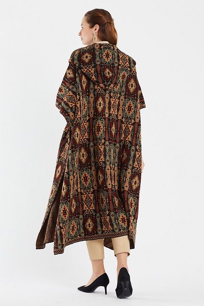 Uludağ Triko Silver Kilim Pattern Hooded Poncho