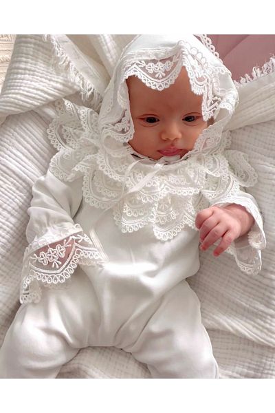 Jammybaby طقم رومبير وقبعة من الدانتيل من Laura Guipure مصنوع من القطن الممشط بنسبة 100% - إصدار مستشفى مولود جديد