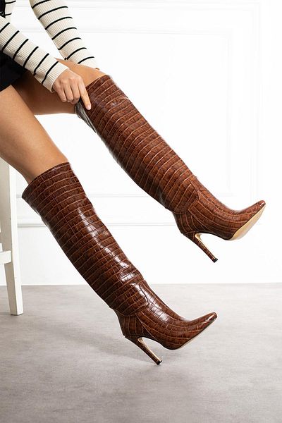 ShoeTek Sara Γυναικείες Μπότες - Λεπτό Τακούνι, Σχέδιο Κροκόδειλου, Ταν Δέρμα