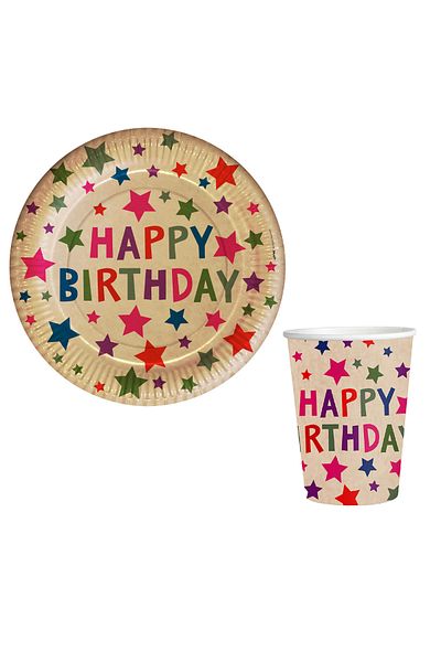kidspartim Happy Birthday Printed Kraft Stars Cardboard Plate Glasses 8 Pcs