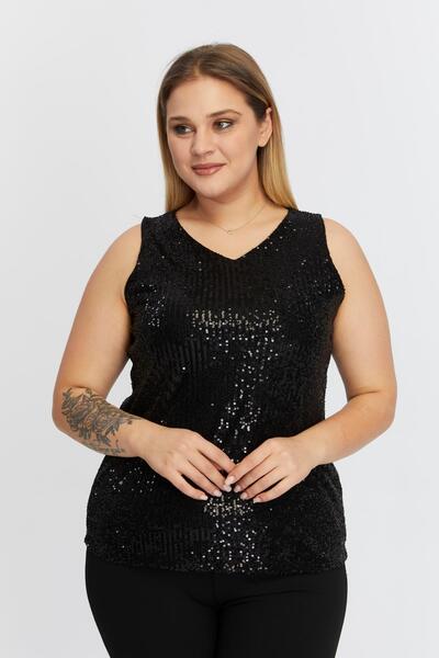 RMG Μαύρη μπλούζα με παγιέτες Plus Size Zero Sleeve
