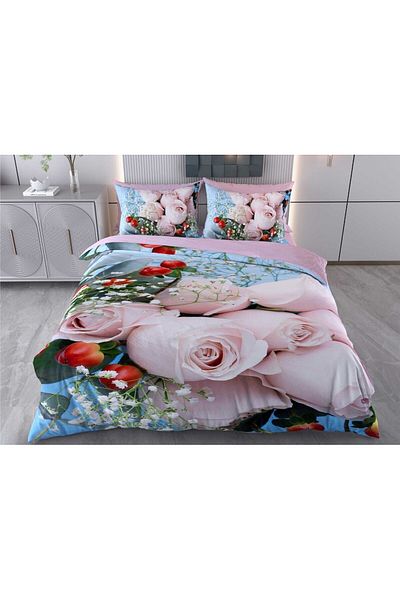 Evimemoda Set cuvertură dublă 3D 6 buc Buchet de trandafiri roz