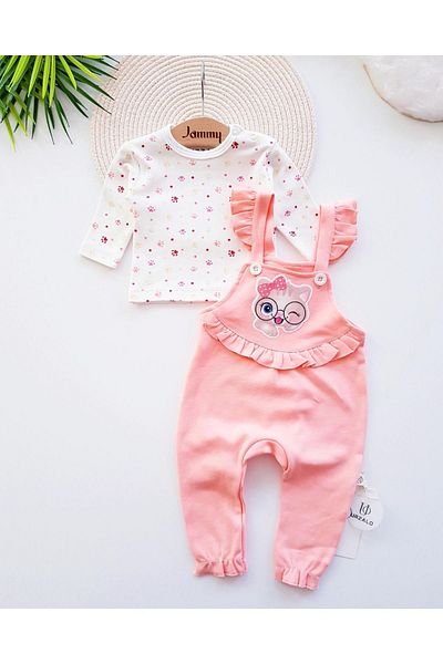 Jammybaby Cat Embroidered Frilly 100% Cotton Baby Girl Salopet Jumpsuit and Paw Patterned Inner Bodysuit Set