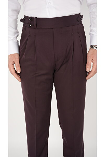 LONATOLİA Erkek Regular Fit Yüksek Bel Piliseli Tokalı Kumaş Pantolon-Bordo