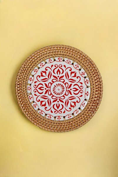 oceanpoint قاعدة زخرفية بنمط هندسي أحمر بإطار من الروطان، تصميم أنيق ومريح (1...