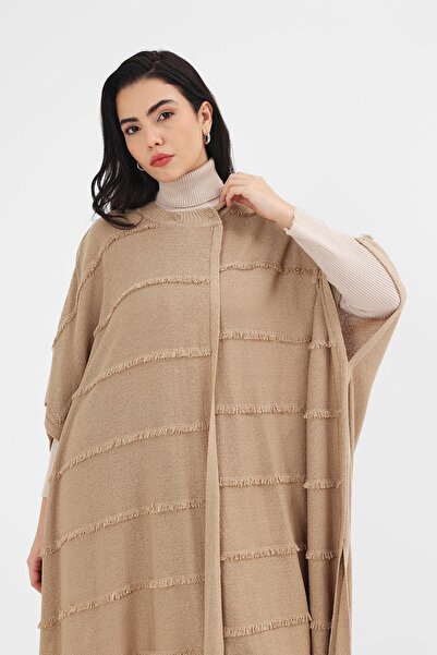 Uludağ Triko Women's Milk Coffee Seasonal Tasseled Long Poncho