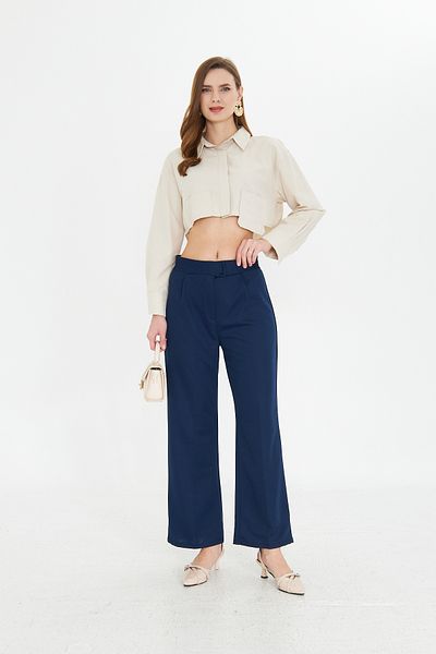 Kutaf Navy Blue Wide Leg Wide Leg Velcro Closure Pleat Detailed High Waist Woven Fabric Pants