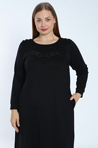 İntensive Γυναικείο μαύρο μακρυμάνικο πέτρινο φόρεμα με λεπτομέρεια από βαμβακερή τσέπη