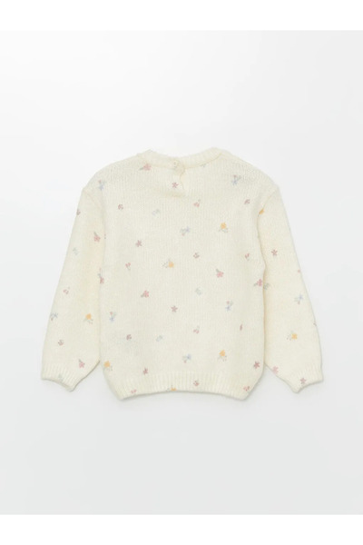 LC Waikiki Kids Ekru Bisiklet Yaka Çiçekli Kız Çocuk Kazak