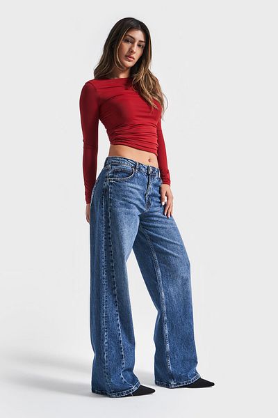 its basic Denim de damă de culoarea blugilor cu potrivire dreaptă - 2S54 cu detaliu lateral, 100% bumbac