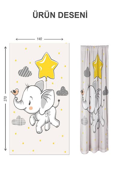 Doruklar Home Collection Digital Printing Washable Elephant Pattern 2 Wings Baby and Children's Room Background Curtain
