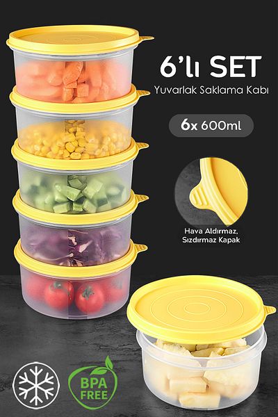 Meleni Home Set of 6 Yellow Round Food Storage - Food Organizer Container 6X600Ml