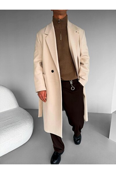 ablukaonline Ανδρικό παλτό σε κρεμ χρώμα - Λεπτομέρεια με ζώνη