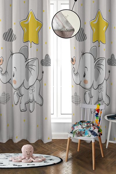Doruklar Home Collection Digital Printing Washable Elephant Pattern 2 Wings Baby and Children's Room Background Curtain