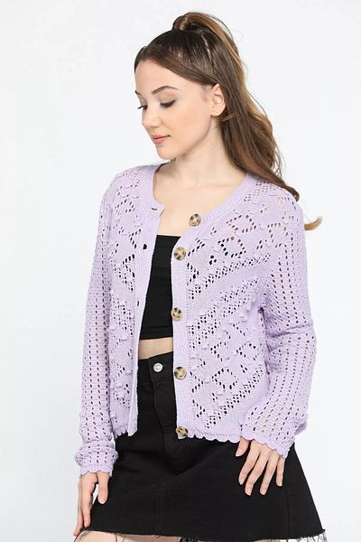 GÜLSELİ Lilac Openwork Patterned Women's Knitwear Cardigan - Front Buttoned