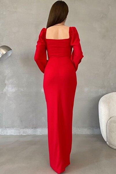 vuvutasarım New Season Sweetheart Neckline Crepe Stretchy Fabric Slit Detail Maxi Evening Dress 582732