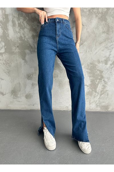 Linarose Pantaloni din denim cu picior tubular, cu tăietură relaxată, talie înaltă, cu detaliu cu fante - Blugi Victoria Slim