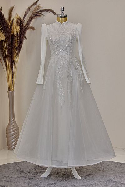 PİENNAR Front Draped Applique Embroidered Asian Evening Dress