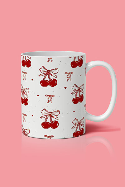 designedfy Yılbaşı Temalı Kiraz Baskılı Kupa Bardak, Hediyelik Kupa