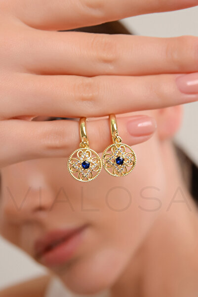 VIALOSA Vintage Yeşil Mavi Taş Gold Çelik Halka Küpe