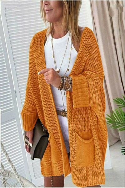 Devinka Oversize Molded Mustard Yellow Women's Long Pocket Knitwear Cardigan