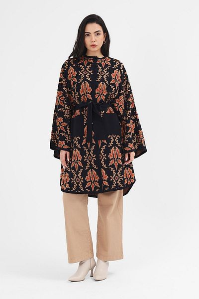Uludağ Triko Women's Navy Blue Belt Detailed Ethnic Pattern Knitwear Poncho