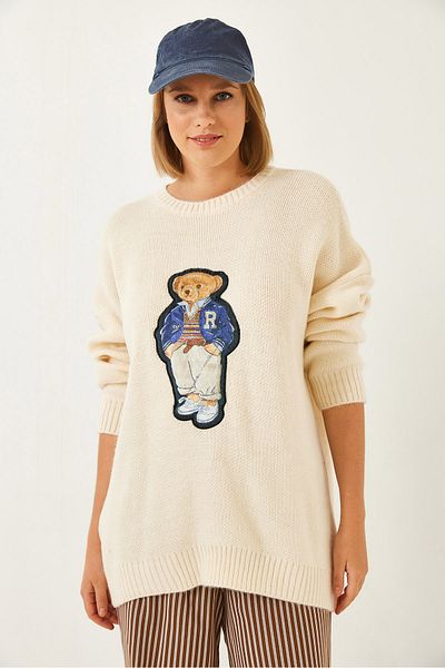 Bianco Lucci Women's Teddy Bear Printed Oversize Knitwear Sweater 60261131