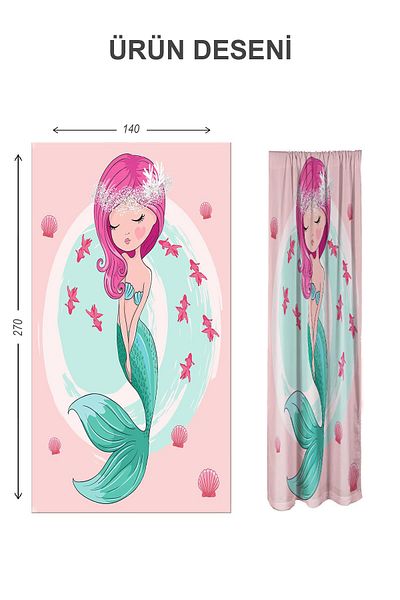 Doruklar Home Collection Digital Printing Washable Mermaid Pattern 2 Wings Baby and Children's Room Background Curtain