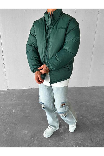 ablukaonline Men's Green Oversize Coat with Stand Collar and Zipper Pockets