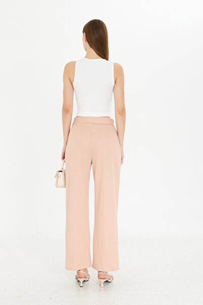 Kutaf Bej Wide Leg Geniş Paça Çırt Çırt Kapamalı  Pile Detaylı Yüksek Bel Dokuma Kumaş Pantolon