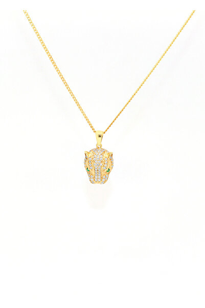 Own Jewelry Zümrüt Göz Leopar Gurmet Zincir Kaplan Kolye 14 Ayar Altın Kaplama 925 Ayar Gümüş