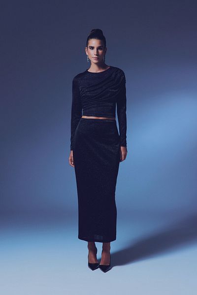 Sateen Black Silvery Midi Size Skirt