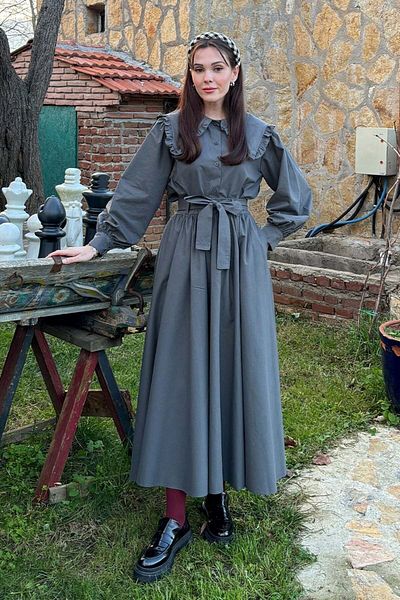 Ceylan Otantik Anthracite Balloon Skirt & Anthracite Collar Ruffled Crop Shirt Set
