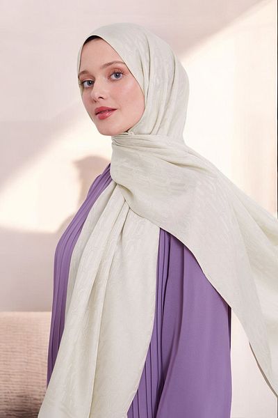 ihvanonline Γυναικείο σάλι Hijab με Μπλε Ζακάρ Αλυσίδα - Κρέμα