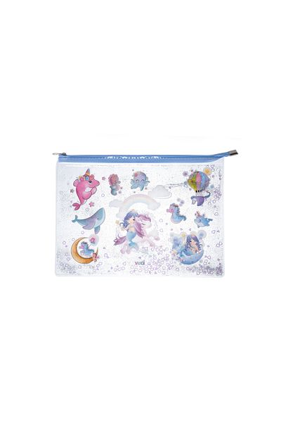 VUKİ Mermaid Glitter and Water Zipper Transparent A4 File