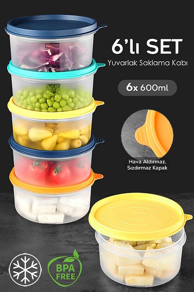Meleni Home Colorful Round Food Storage Set of 6 - Food Container, 6X600Ml Organizer Organizer