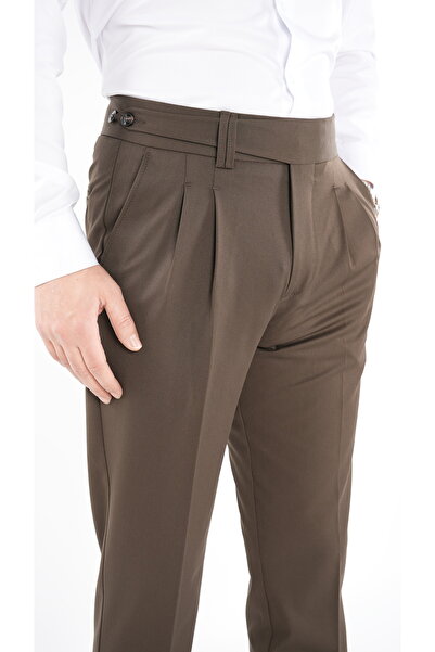 LONATOLİA Erkek Regular Fit Yüksek Bel Piliseli Kumaş Pantolon-Sütlü Kahve