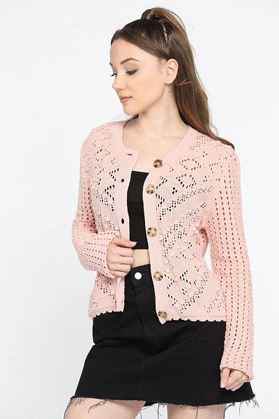 GÜLSELİ Openwork Embossed Patterned Powder Knitwear Women's Cardigan - Front Buttoned