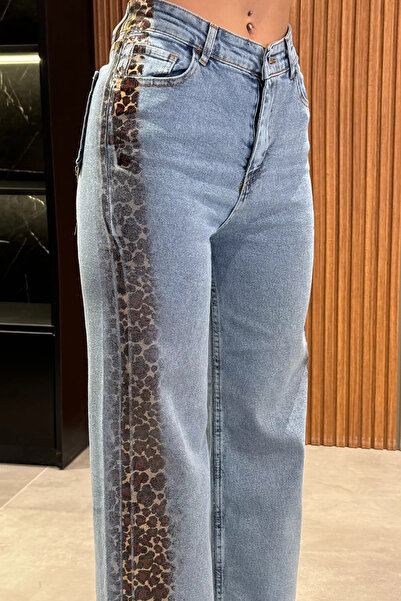 GÜLSELİ Ice Blue γυναικείο τζιν τζιν με φαρδύ πόδι με λεοπάρ