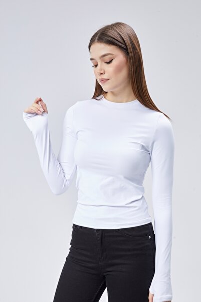 Maison La Femme Λευκό Crew Neck Basic μακρυμάνικο σώμα με λεπτομέρεια στα δάχτυλα