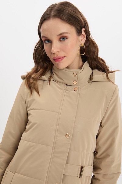 Zühre Hooded Button Detailed Beige Coat 13691