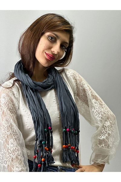 Gönülden Tasarım Women's Scarf with Smoke Color - 160X40 Cm, Wood Beaded Pencil Neck Shawl