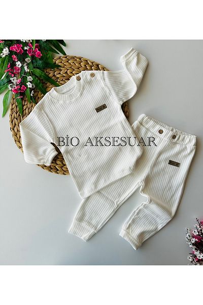 bioaksesuar White Report Ribbed 2-Piece Bottom Top Baby Girl Boy Cotton Suit