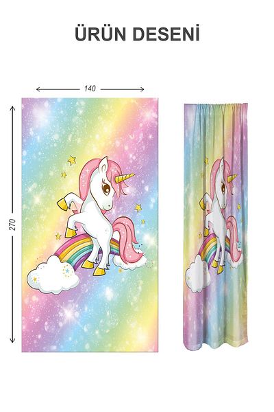 Doruklar Home Collection Digital Printing Washable Unicorn Pattern 2 Wings Baby and Children's Room Background Curtain